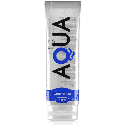 Tubo plástico translúcido com rotulo azul e preto com texto AQUA 200ml