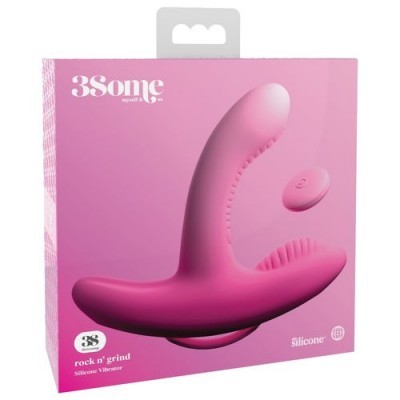 Caixa rosa com imagem de vibrador rosa em silicone e controle remoto, marca 3Some visível