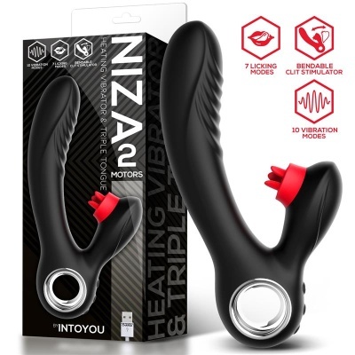 Vibrador preto com estimulador vermelho e circular prata ao lado da embalagem preta com texto