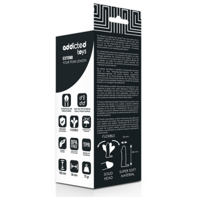 Embalagem de produto Addicted Toys para extensão do pénis, preto e branco, com texto e ícones informativos.
