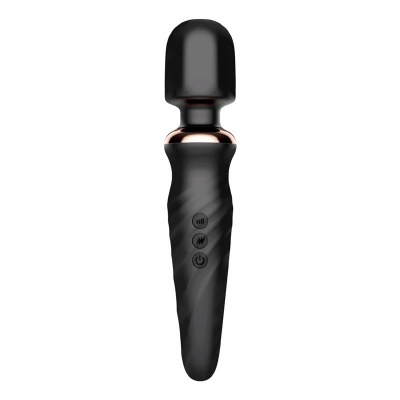 Vibrador massageador preto com botões de controlo e acabamento em metal dourado