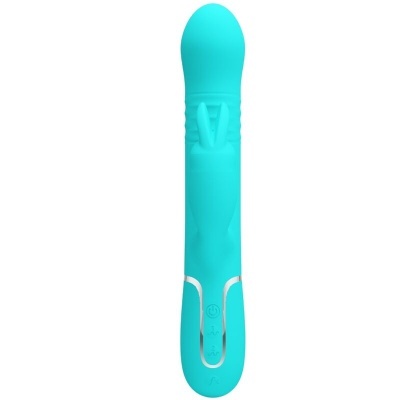 Vibrador azul-turquesa com detalhe de coelho e botões de controlo