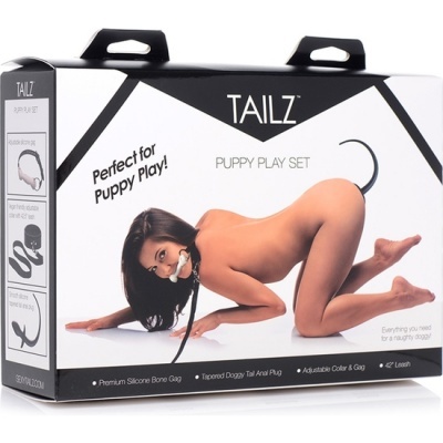 Embalagem de conjunto Puppy Play Set da marca TAILZ com modelo em pose de cachorro.