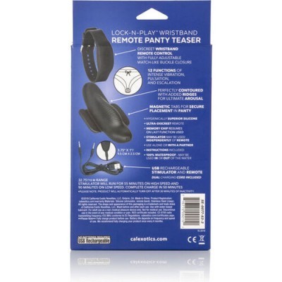 Embalagem azul com texto branco e imagens do produto Bracelete remoto preto e estimulador preto