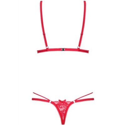 Conjunto de lingerie vermelho com sutiã e calcinha fio dental rendada