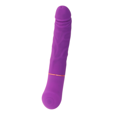 vibrador roxo de silicone com textura detalhada e botão na base