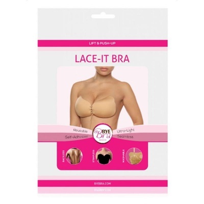 Embalagem de sutiã autoadesivo LACE-IT BRA com imagem da parte superior de uma mulher a usar o sutiã cor de pele