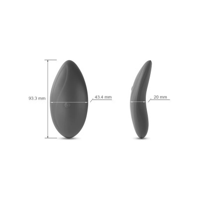 Produto cinzento oval com medidas 93,3 mm altura, 43,4 mm largura, 20 mm espessura sobre fundo branco