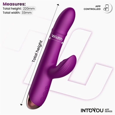 Vibrador roxo com medidas e texto de controlo por app