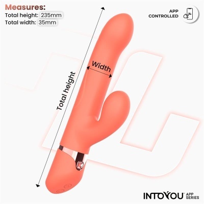 Vibrador cor-de-rosa com duas partes, medidas e texto de controlo por aplicação