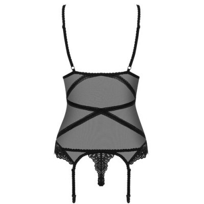 Corpete feminino preto em tule transparente com renda e ligas