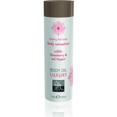 Frasco de óleo corporal branco com tampa castanha e texto em cor-de-rosa