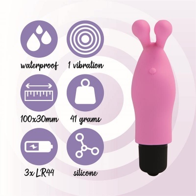 Vibrador rosa de silicone com duas orelhas e base preta, indicações técnicas em ícones roxos