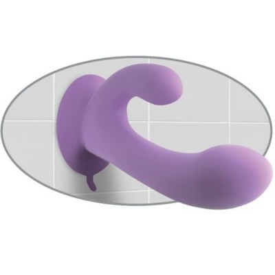 Produto lilás de silicone com base circular em fundo de azulejos brancos