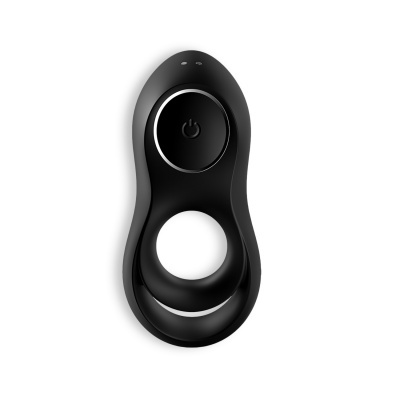 Dispositivo preto curvo com botão circular central e dois anéis concêntricos