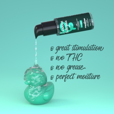 Frasco de gel transparente a ser despejado num pato de borracha verde com texto promocional em fundo azul claro.