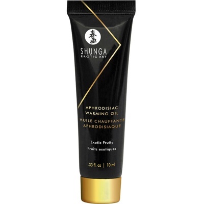 Frasco preto de óleo aquecedor afrodisíaco com tampa dourada e texto em inglês e francês.