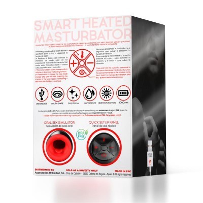 caixa do produto SMART HEATED MASTURBATOR com texto, imagens e fotografia preta e branca