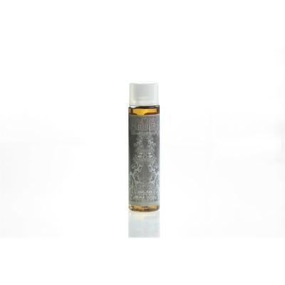 Frasco pequeno com líquido âmbar e rótulo cinzento com desenhos florais