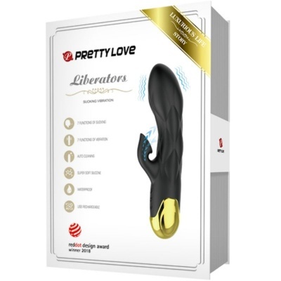 Embalagem de vibrador preto com detalhes dourados e texto em branco e dourado
