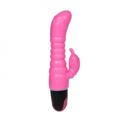 Vibrador rosa com base preta e detalhes texturizados.