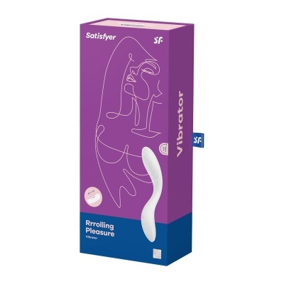 Embalagem de vibrador branco Satisfyer com fundo violeta e azul