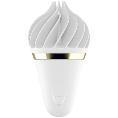 Dispositivo branco para cuidados pessoais com topo em espiral e detalhes dourados