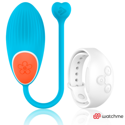 Dispositivo azul com botão laranja ligado a bracelete branco ajustável em fundo branco
