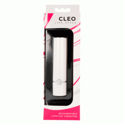 Vibrador em formato de batom branco em embalagem branca e rosa com texto CLEO LIPS STYLE