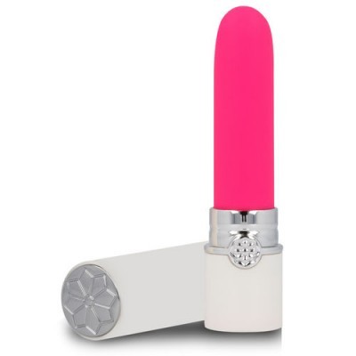 Vibrador rosa com base branca e detalhes prateados