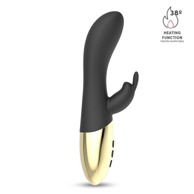 Vibrador preto com base dourada e estimulador de clitóris