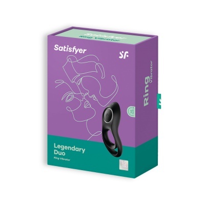 Embalagem do vibrador Satisfyer Ring Vibrator Legendary Duo com ilustração de rosto e vibrador preto
