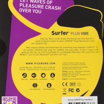 Embalagem do Surfer Plug Vibe PicoBong, preta, amarela e roxa com texto e ícones de características.