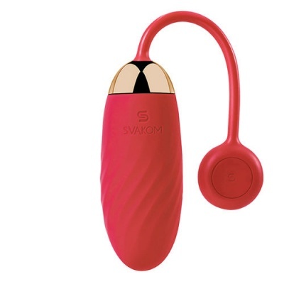Vibrador vermelho com controle remoto redondo e detalhes dourados