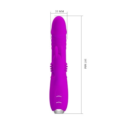 Vibrador roxo com medidas indicadas em fundo branco