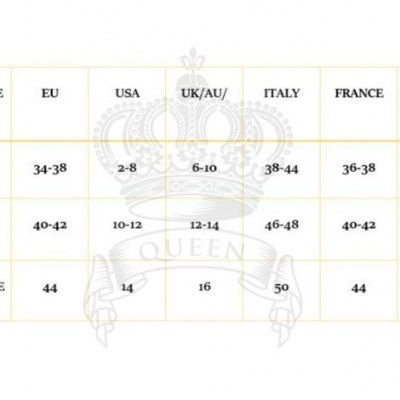 Tabela de tamanhos de lingerie QUEEN com tamanhos para diferentes países.