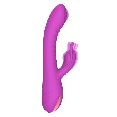 Vibrador cor-de-rosa com textura ondulada e acessório em forma de coelho
