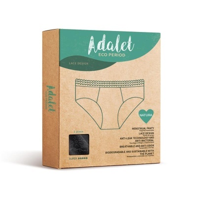 Embalagem de cueca menstrual Adalet eco period cor natural com texto em inglês