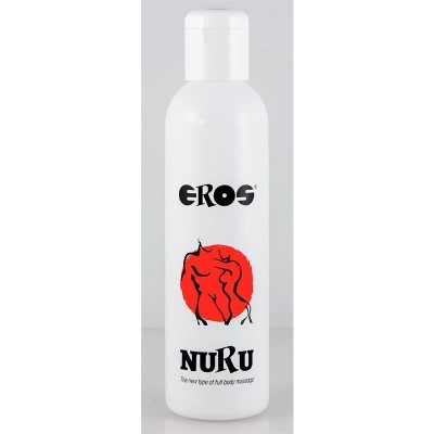 Frasco branco de produto com rótulo EROS NURU e ilustração humana