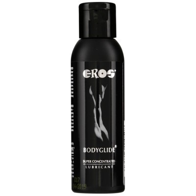 Frasco preto de lubrificante Eros Bodyglide em fundo branco