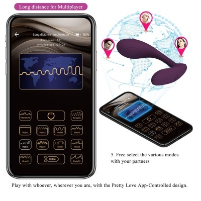 Telemóvel com app para controlo remoto de dispositivo ergonómico roxo e mapa-mundo com perfis femininos