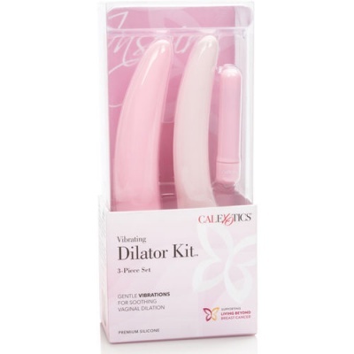 Kit dilatador vibratório rosa em embalagem transparente e branca com texto e logo colorido