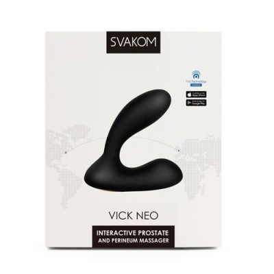 Embalagem branca com massageador preto SVAKOM VICK NEO para próstata e períneo