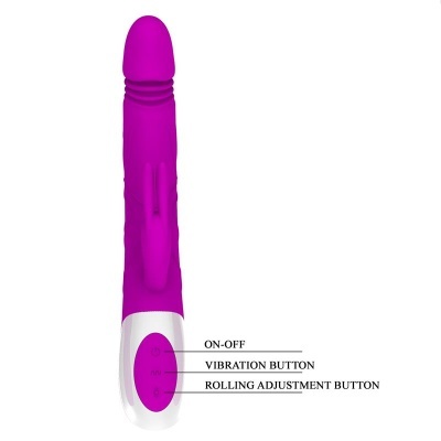 Vibrador roxo com base branca e três botões rotulados