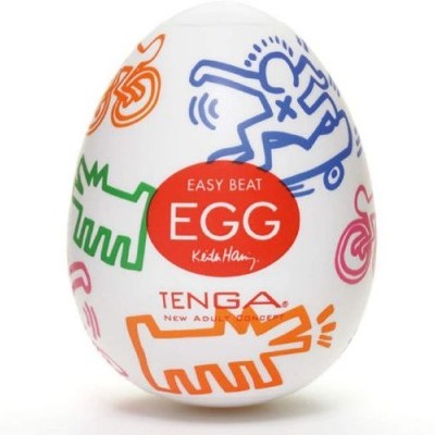 ovo branco decorado com desenhos coloridos e texto vermelho TENGA EASY BEAT EGG