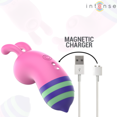 Dispositivo rosa com detalhes roxos e verdes e carregador magnético USB