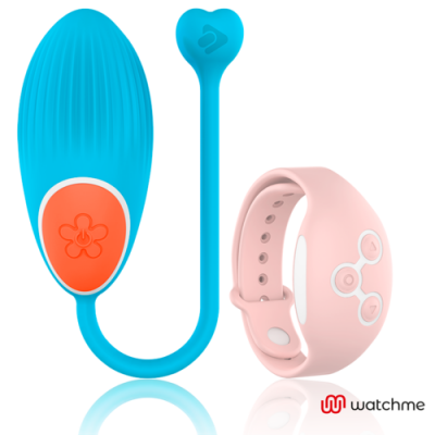 Dispositivo azul com parte laranja e pulseira rosa clara com botões brancos, marca watchme