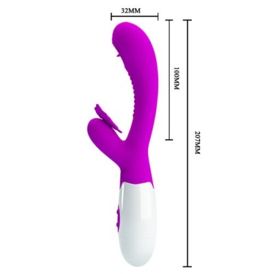 Vibrador roxo com base branca e medidas visíveis