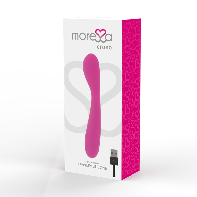 Caixa de vibrador rosa de silicone com texto e ícone USB
