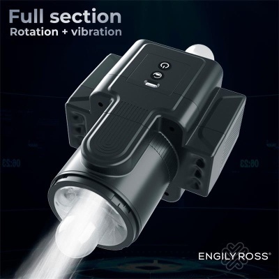 Dispositivo eletrônico preto emitindo luz com texto Full section Rotation + vibration